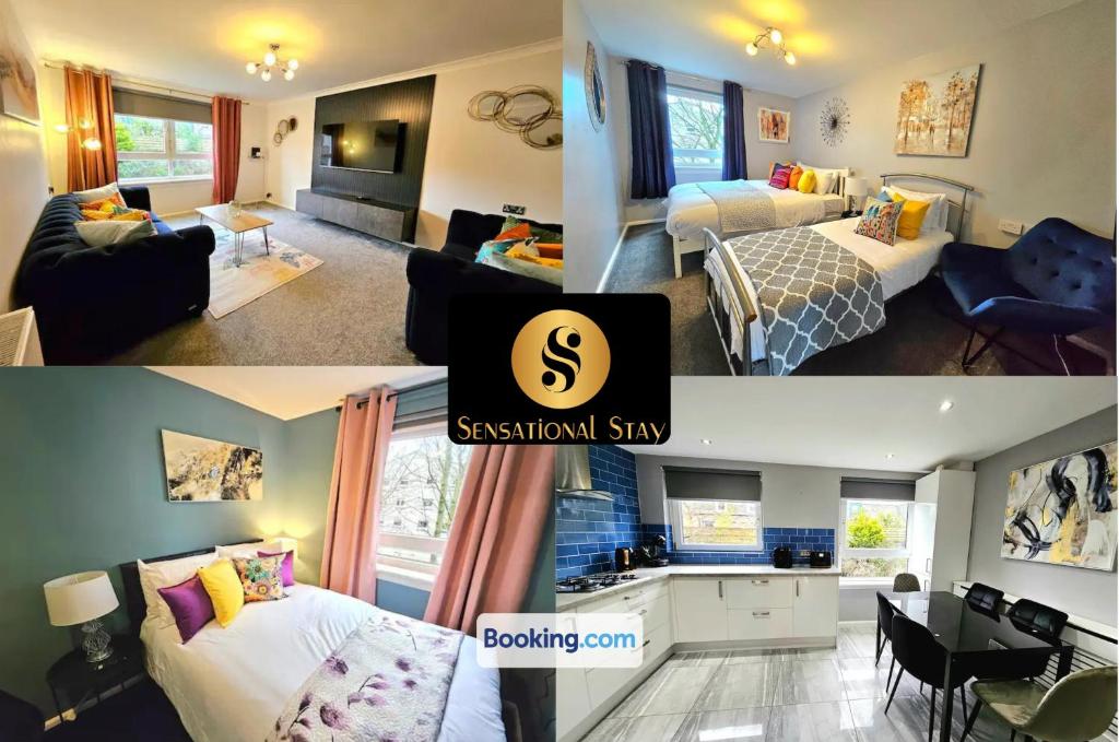 two pictures of a bedroom and a living room at Lovely 3 bedroom Apartment By Sensational Stay Short Lets & Service Accommodation with 6 beds in Edinburgh