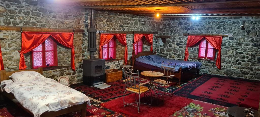 a room with two beds in a stone room at Black Tower in Plav