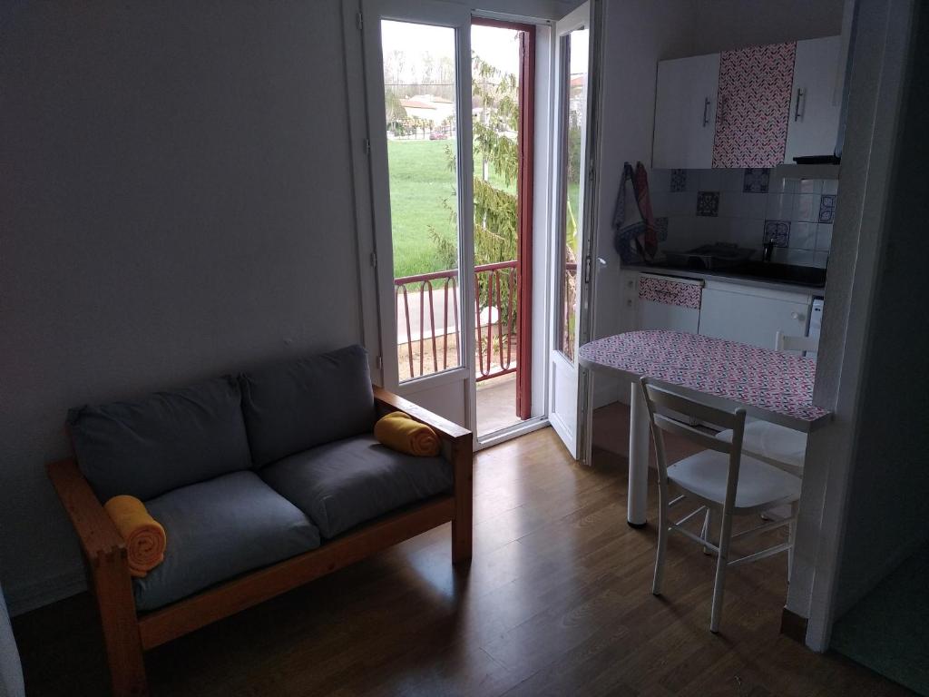 sala de estar con sofá, mesa y cocina en Studio tout confort à 300 m des thermes, en Cazaubon