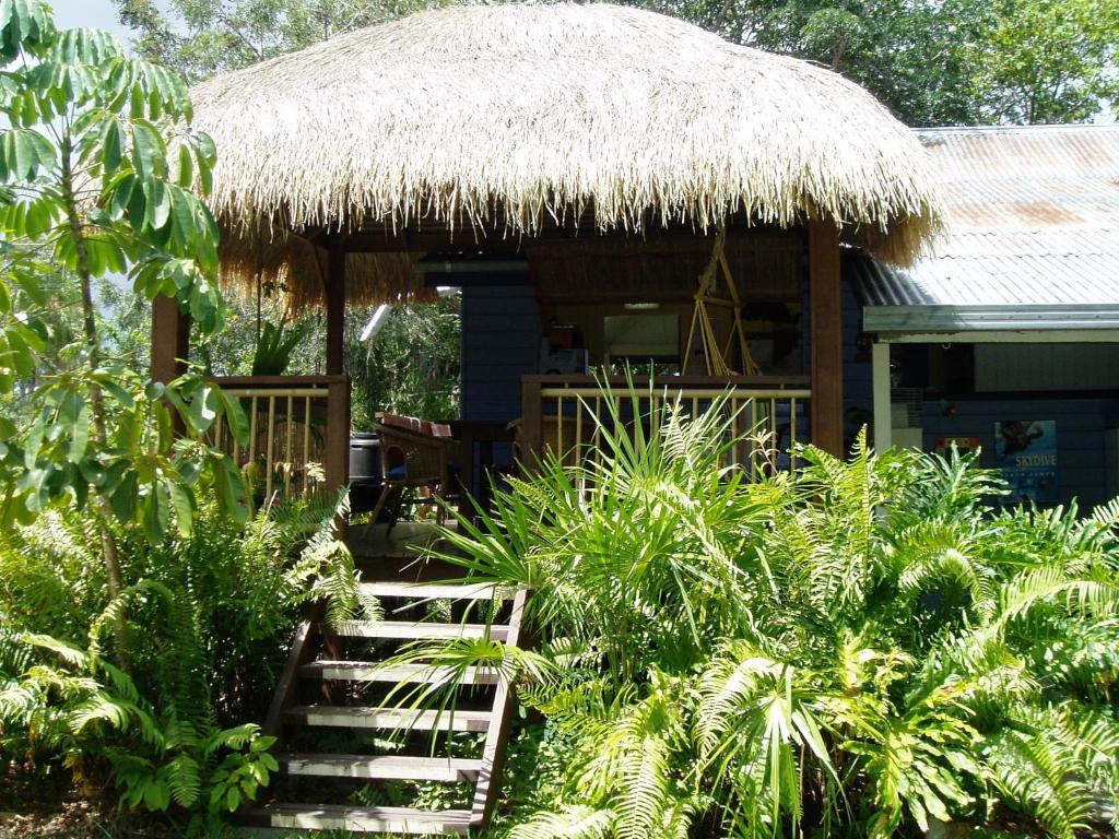 een kleine hut met een rieten dak en een trap bij Mango tourist Hostel in Hervey Bay