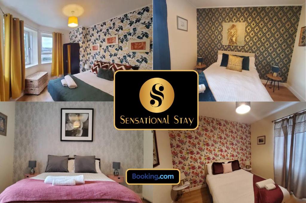 a collage of three pictures of a room with two beds at Aberdeen 4 Bedroom Apartment By Sensational Stay Short Lets & Serviced Accommodation, Bedford Avenue in Aberdeen