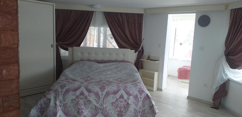 una camera con letto e finestra con tende di Vila Flory Voronet a Voronet