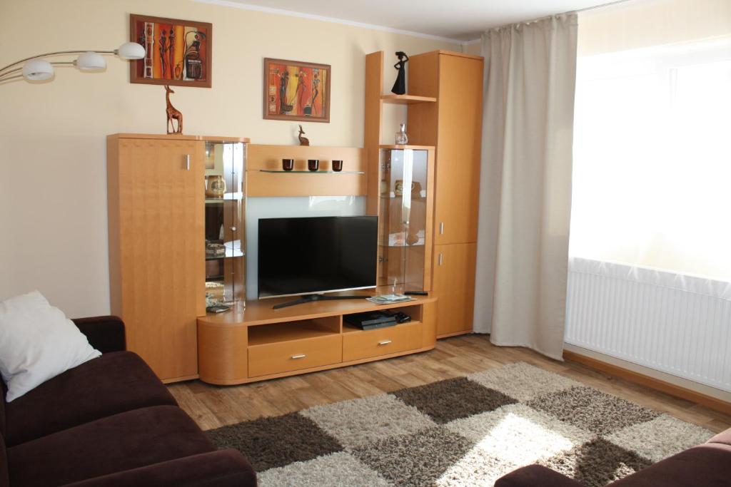 a living room with a television in a wooden entertainment center at Ferienwohnung Alona in Garz