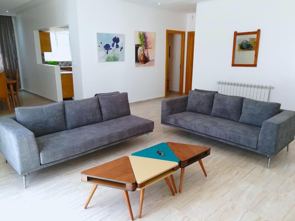 2 sofás y una mesa de centro en la sala de estar. en L'espadon de Mahdia Étage de villa en Mahdia