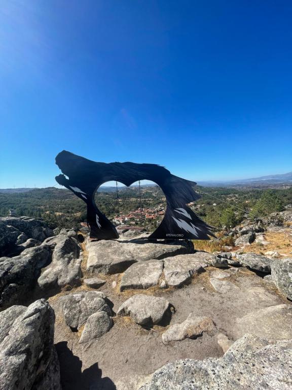 a black bird statue on top of rocks at Sabugal Comfort - Central Castelo in Sabugal