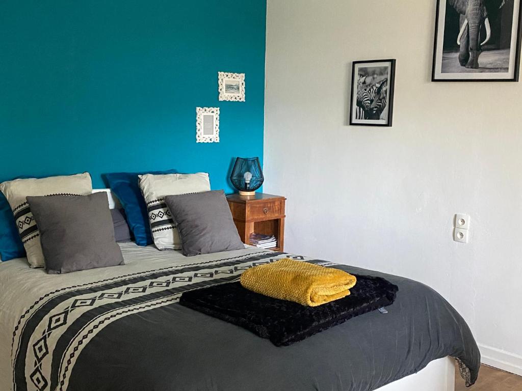 a bedroom with a bed with a yellow pillow on it at Belle Chambre Privée - Salle de bain - Jardin - Wifi - Cuisine partagée - in Wissembourg