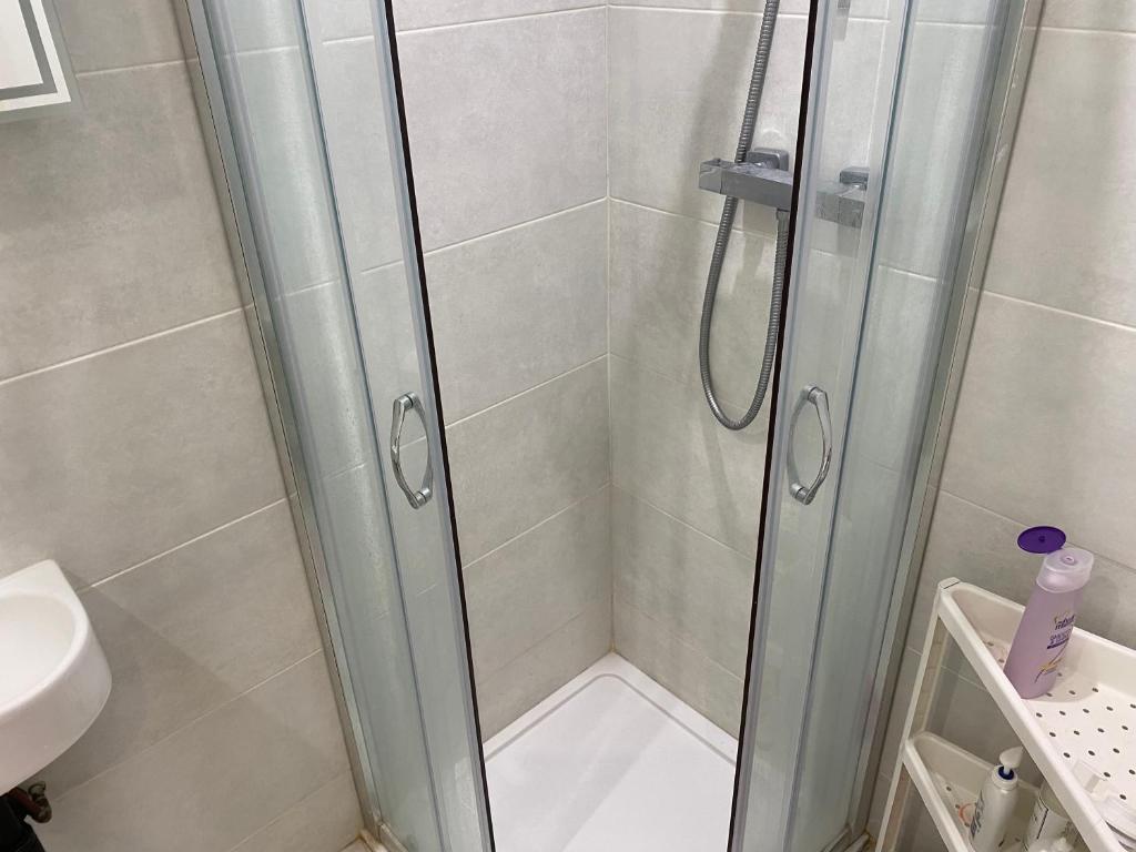 a shower with a glass door in a bathroom at Little wooden hut in London