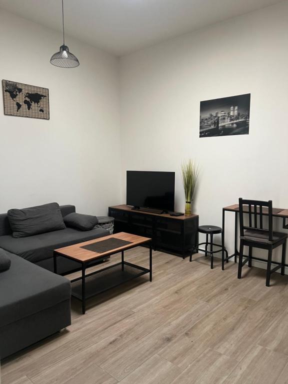 ein Wohnzimmer mit einem Sofa, einem Tisch und einem TV in der Unterkunft Roubaix centre bel appartement de type 2 in Roubaix