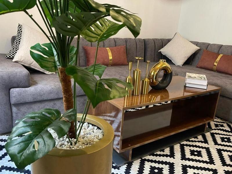 un soggiorno con divano e tavolo con piante di cristal appart a Essaouira