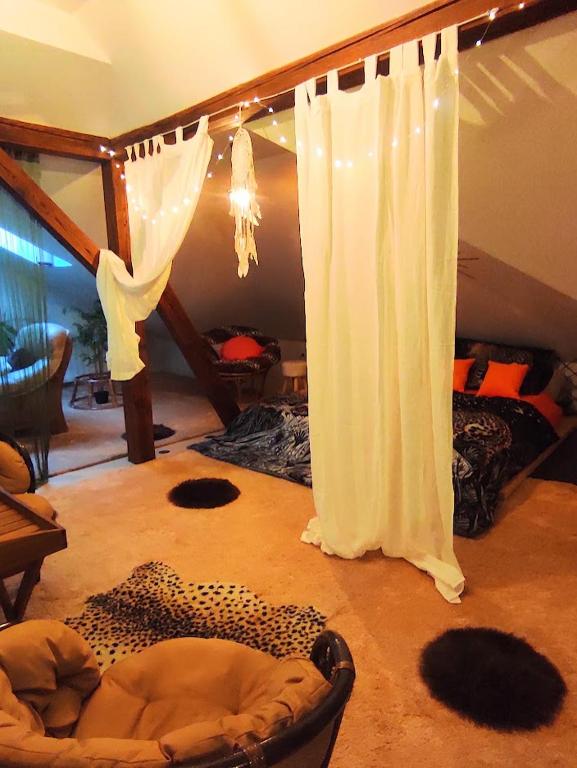 Pokój z łóżkiem lamparta i zasłoną w obiekcie Pension Relax w Litomierzycych
