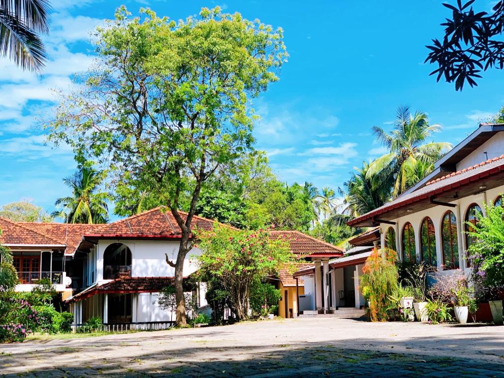 a row of houses with trees in the background at Lake Side Tourist Inn in Tissamaharama
