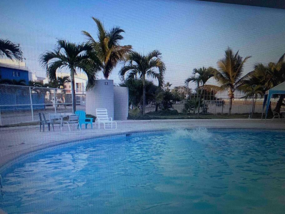 - une piscine bordée de palmiers, d'une table et de chaises dans l'établissement Casa del Mar Malin, à Ballenita