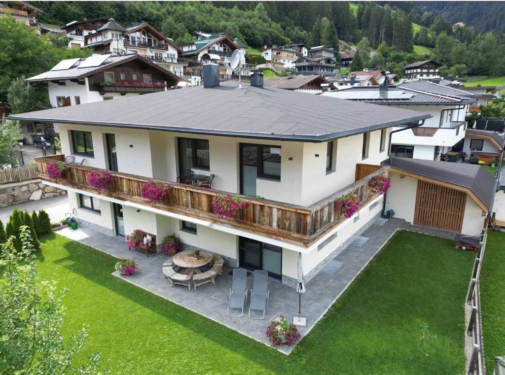 an aerial view of a house with a deck at Ferienwohnung Eberl in Schwendau