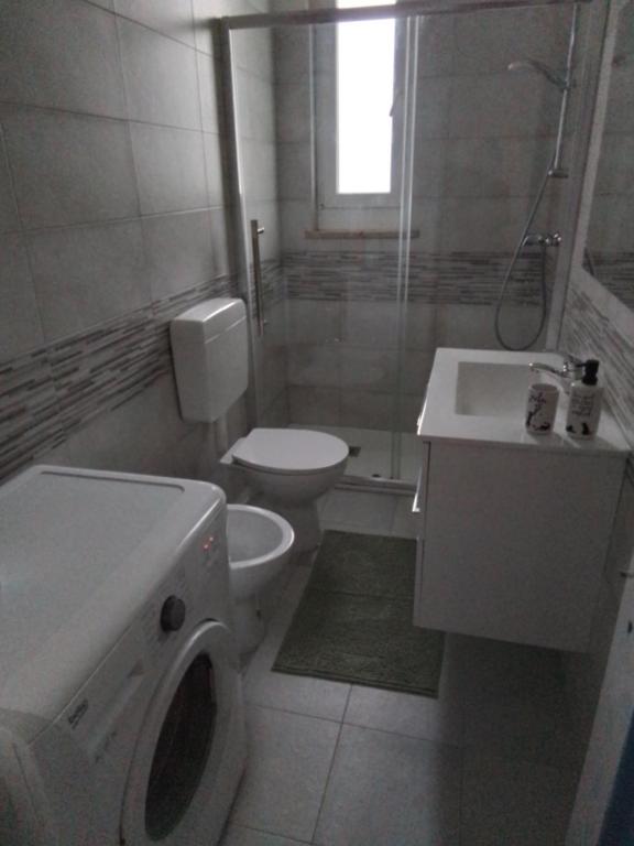 bagno con lavandino e servizi igienici e lavatrice. di Appartament holidays Sistiana a Sistiana