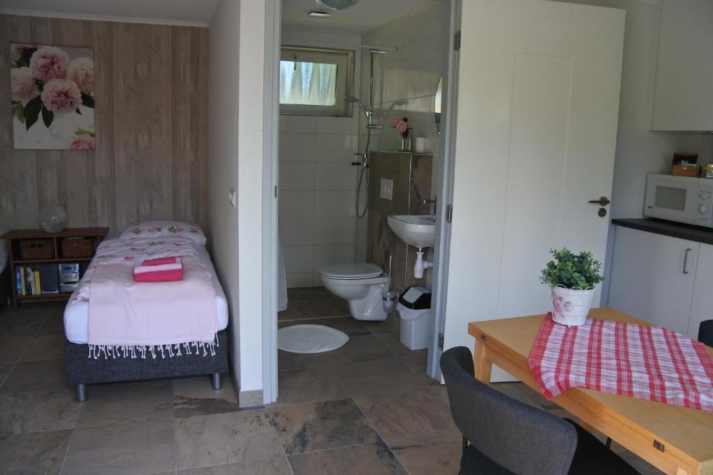 a small bathroom with a toilet and a sink at B&B de Linde in Hoogeveen