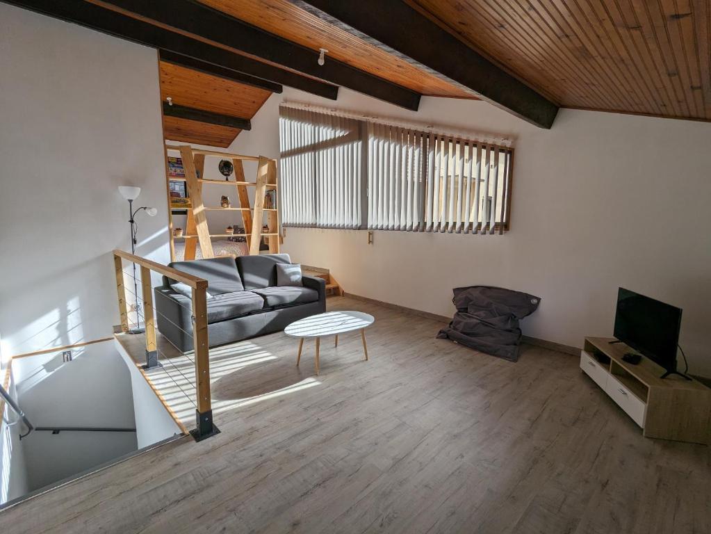 a living room with a couch and a television at Gîte Reflets de Montagnes in Tarascon-sur-Ariège