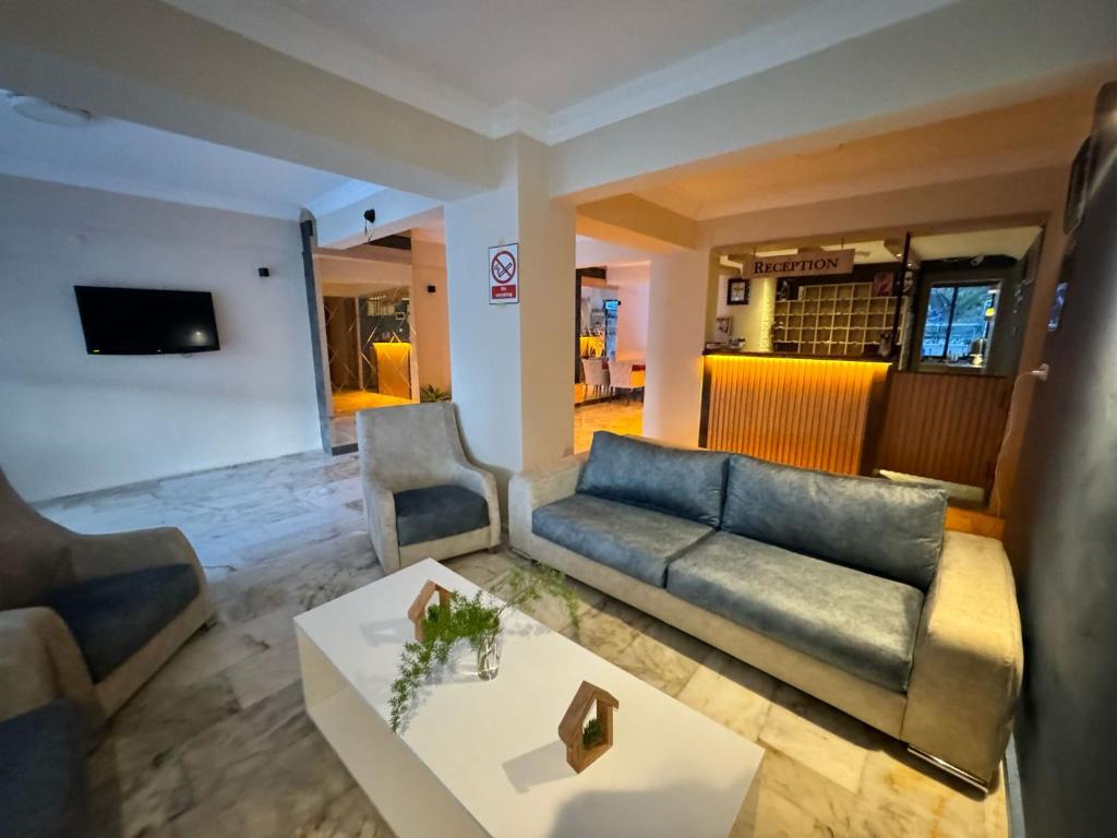 un soggiorno con divano e tavolo di Erciyes Hotel a Kusadası