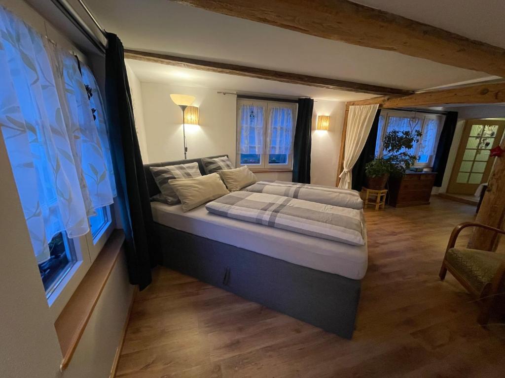a bedroom with a bed and a large window at Schwarzwald - Ferienhaus Luisa für 4 Personen 125m in Stühlingen