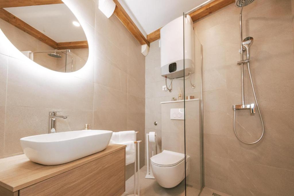 a bathroom with a sink and a toilet and a shower at Mascheroni Luxury Rooms in Dubrovnik