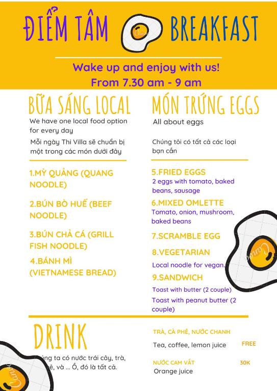 A breakfast menu listing local dishes, egg options, and drinks.