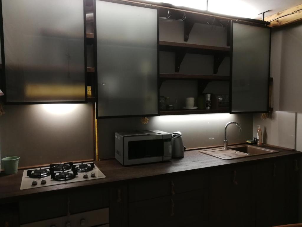 Il comprend une cuisine équipée d'une cuisinière et d'un four micro-ondes. dans l'établissement Apartamentai 78, à Mažeikiai