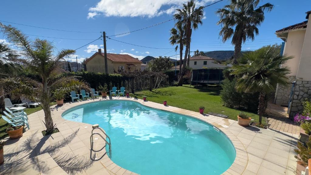 einen großen Pool in einem Garten mit Palmen in der Unterkunft Villa Le Bon Temps in Mandelieu-la-Napoule