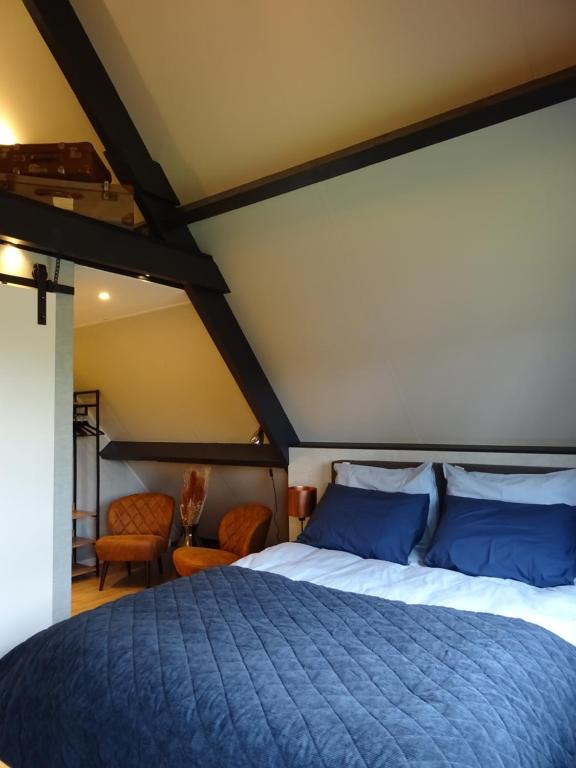 een slaapkamer met een groot bed met blauwe kussens bij B&B Geniet Nátuurlijk in Wapserveen
