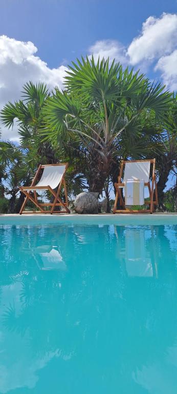 2 tumbonas y una piscina con palmeras en Karula Sand Villas - Coral Villa - Barra Beach, Inhambane, Mozambique, en Inhambane
