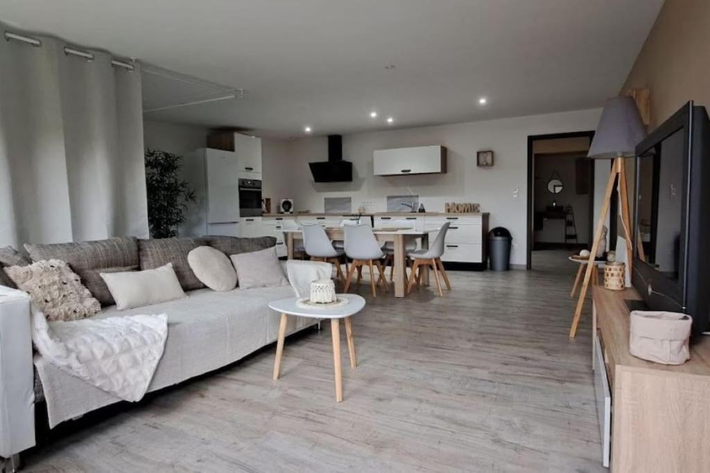 un salon avec un canapé et une table dans l'établissement Grand Appartement Cosy Chez Pépette à 5 min de Colmar, à Houssen