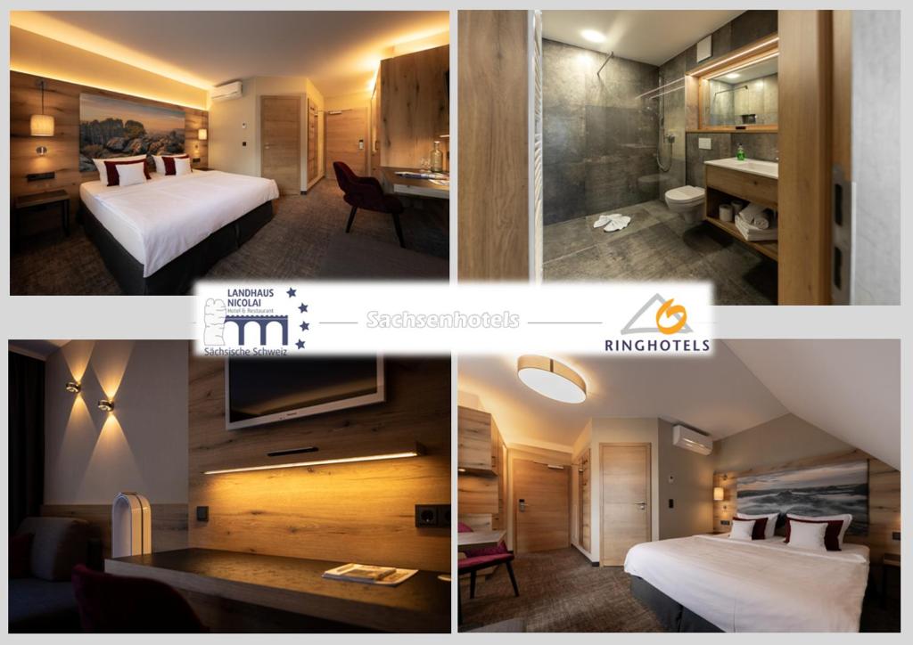 eine Collage mit vier Bildern eines Hotelzimmers in der Unterkunft Ringhotel Landhaus Nicolai "Hotel Garni" in Lohmen