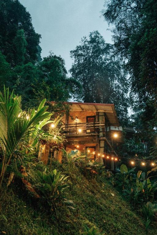 a house with lights on the side of a hill at Bee Forest in Ban Pok Nai