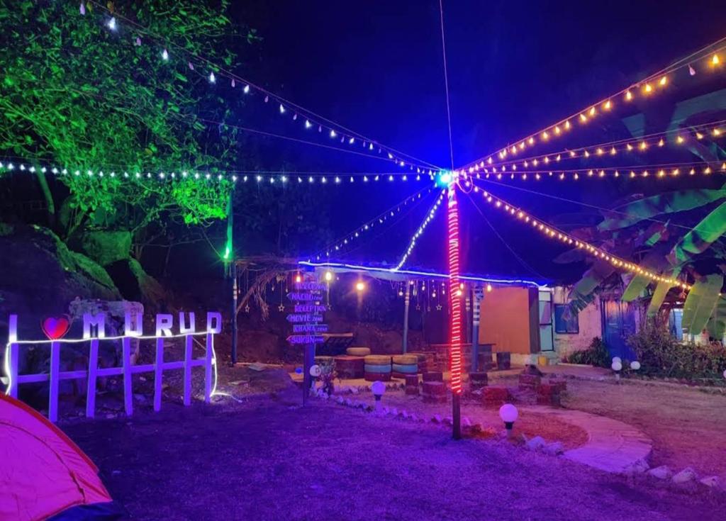a group of lights hanging over a house at night at Tamboo O Zone / Dream Beach House in Murud