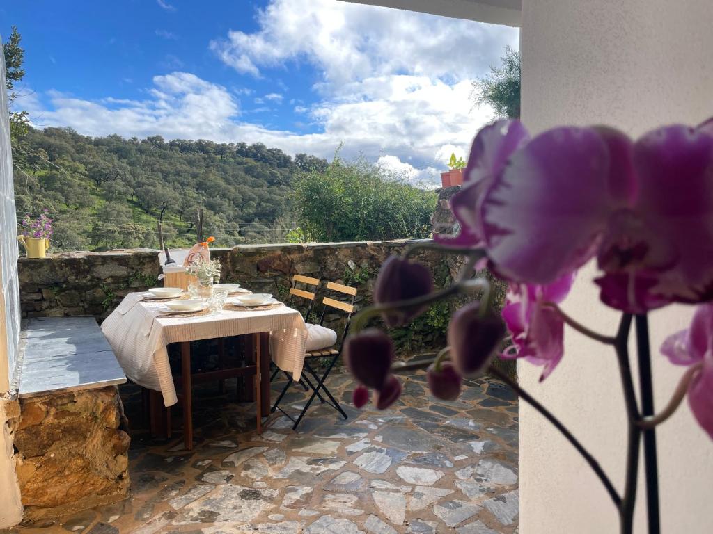 a table and chairs on a balcony with purple flowers at Alojamiento La Casa del Pintor in Almonaster la Real