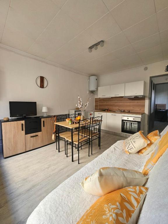 un salon avec une cuisine et une salle à manger dans l'établissement Le Goéland à 300 de la plage - 400m du centre ville, au Grau-du-Roi