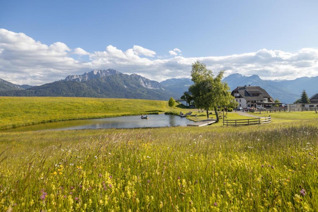 a pond in a field with a house and mountains at Mösslacher's Ferienwohnungen in Hermagor