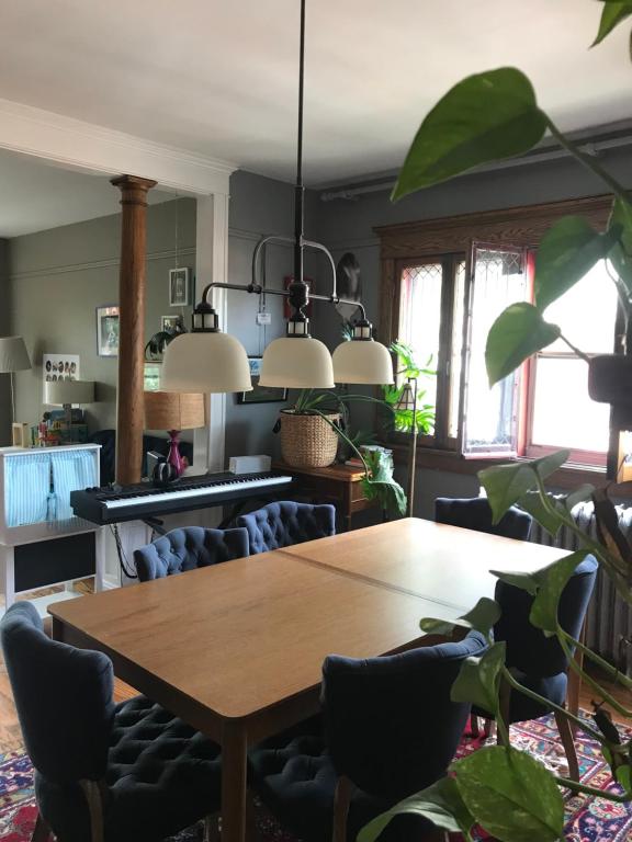 a dining room with a wooden table and chairs at Luminescent in Buffalo