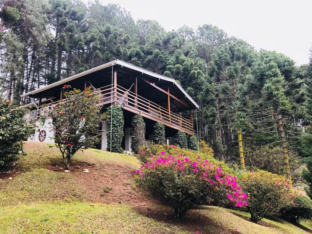 un bâtiment sur le côté d'une colline avec des fleurs roses dans l'établissement Casa dos Pinheiros Campos do Jordão, à Campos do Jordão