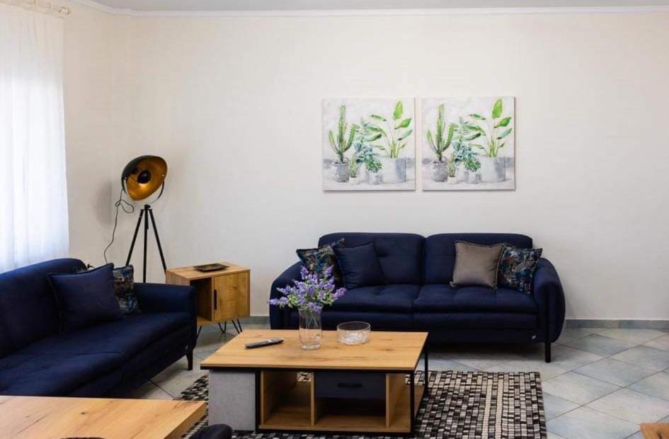 Orestiada的住宿－Kouros Cozy Home，客厅配有2张蓝色的沙发和1张桌子