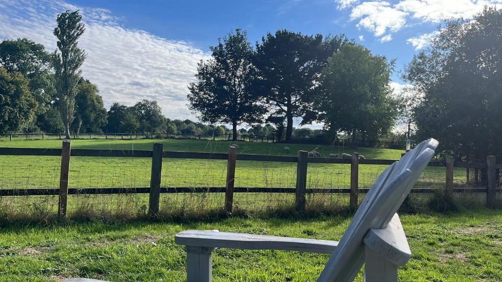 a chair sitting in a field next to a fence at Idyllic Devon Haven: 3BR Bungalow by Moors/Beaches in Cullompton