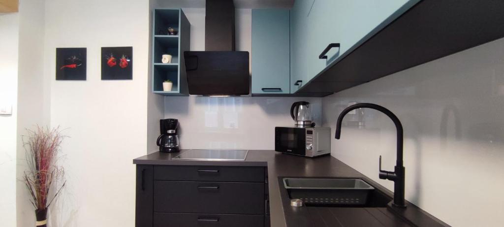 a kitchen with a sink and a counter top at Apartma Soča Oasis in Srpenica