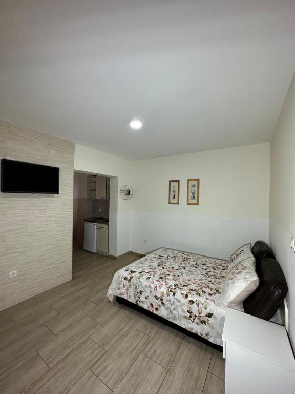 a bedroom with a bed and a flat screen tv at Apartmani Simona in Budva