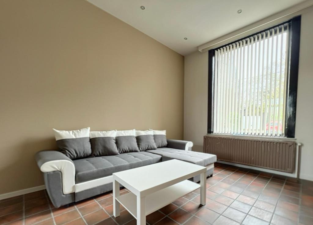 ein Wohnzimmer mit einem Sofa und einem Tisch in der Unterkunft Station 64 A1 Bruxelles-Charleroi-airport in Charleroi