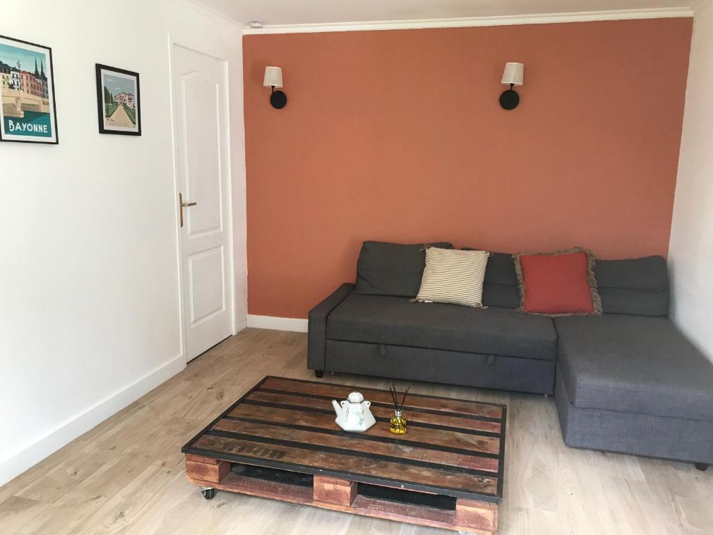 un salon avec un canapé et une table dans l'établissement Casa Salies, maisonnette cosy et confortable au centre de Salies, à Salies-de-Béarn