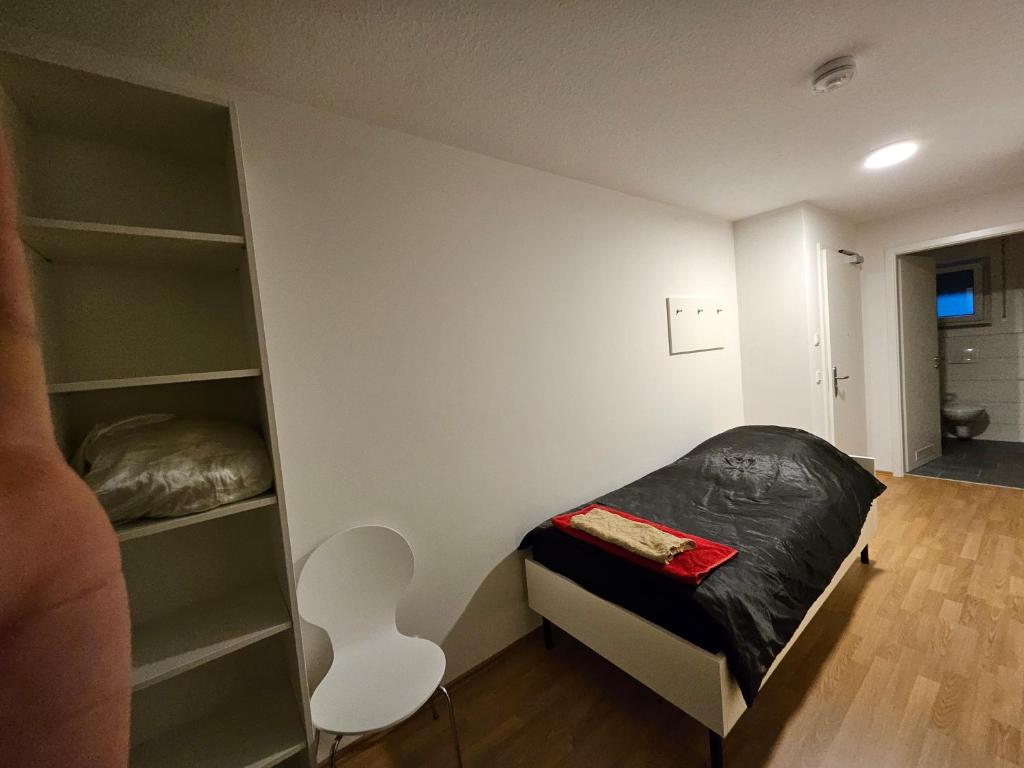a bedroom with a bed and a book shelf at State of the Art Apartment in the City Center Nürnberg in Nuremberg