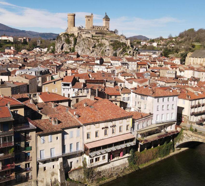 a city with buildings and a castle on a hill at Hôtel Le Lons in Foix