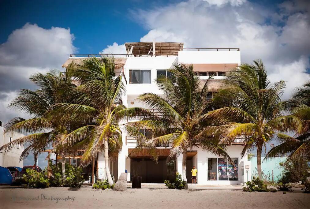 un edificio blanco con palmeras delante en Tuna Fish, Ocean Front Apartment en Mahahual