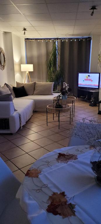 sala de estar con sofá y TV en A L'orée de Soi, en Saint-Omer-en-Chaussée