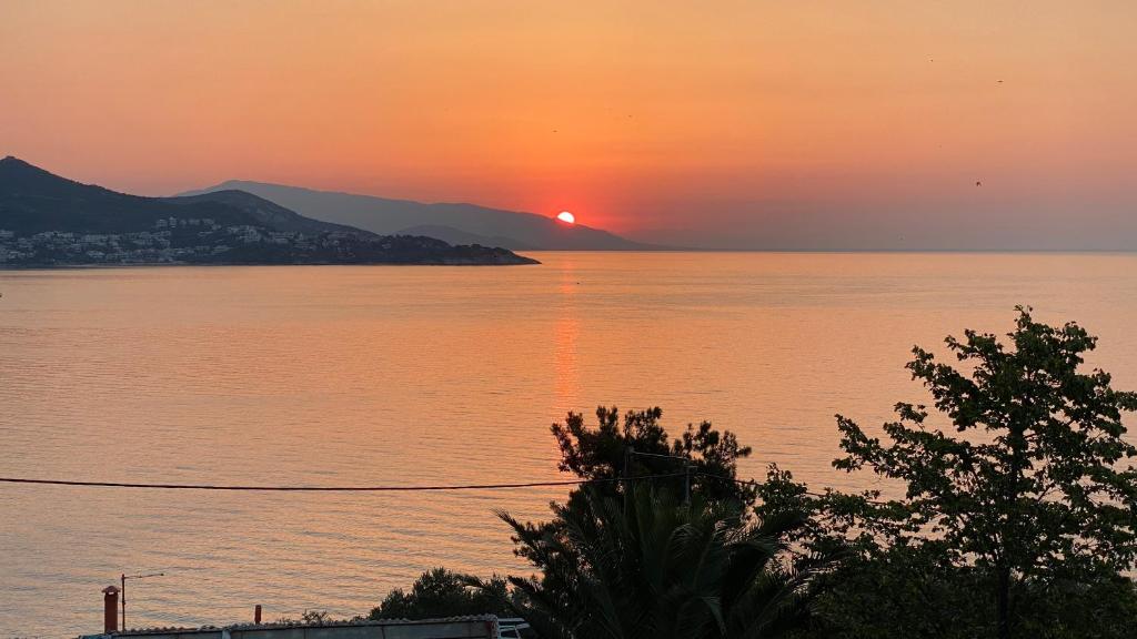 um pôr-do-sol sobre um corpo de água com uma árvore em Blue Crystal View em Kavala