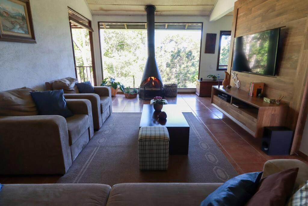 sala de estar con sofá y chimenea en WolfsHaus: Sossego junto a natureza a 30km de Ctba, en Campina Grande do Sul