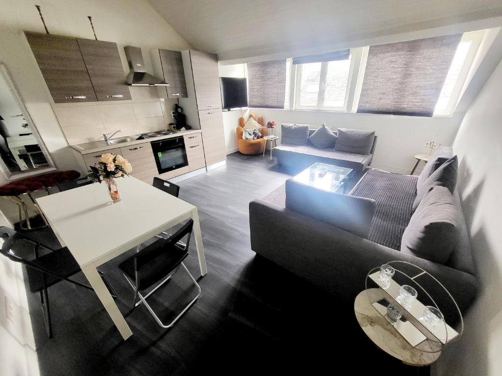 ブリュッセルにあるCity Brussels Apartmentsのソファとテーブルのあるリビングルーム